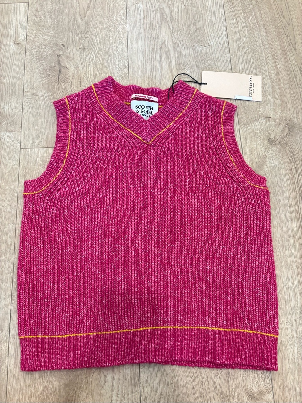 Scotch & Soda Bright Pink V-Neck Knit Sweater Vest with Yellow Trim